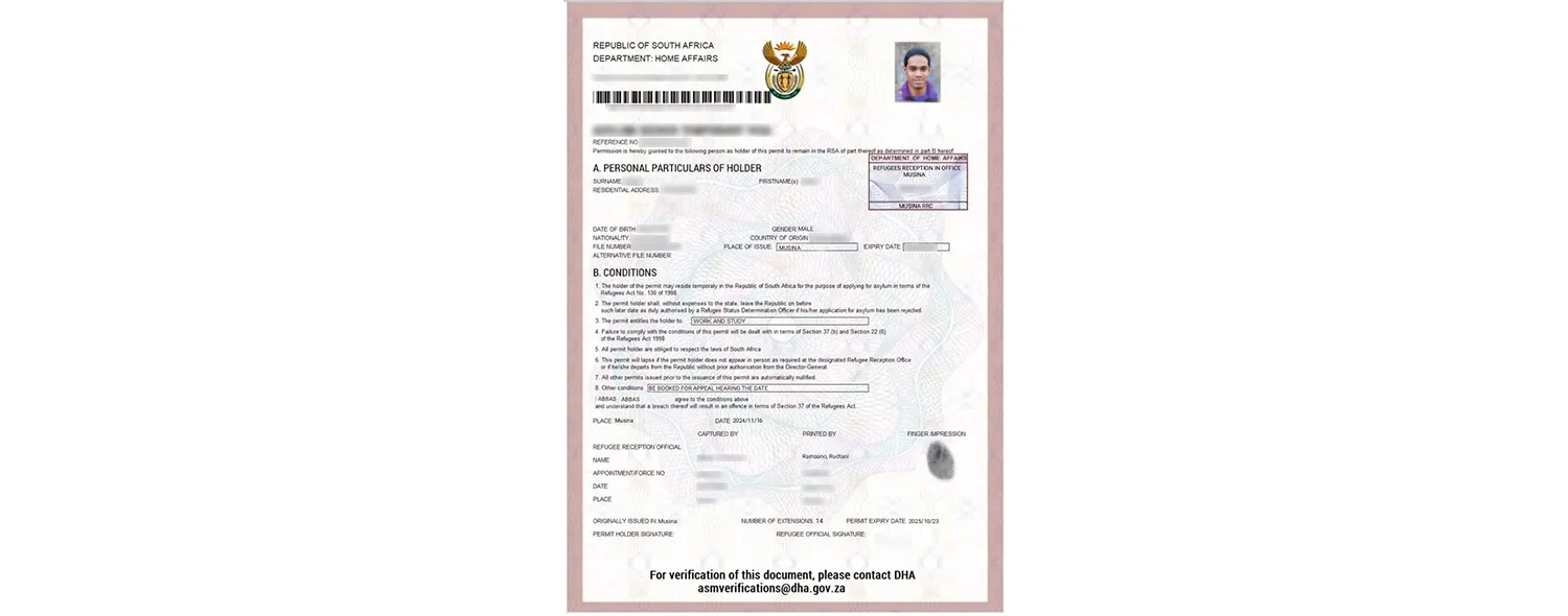 South African asylum seeker temporary visa